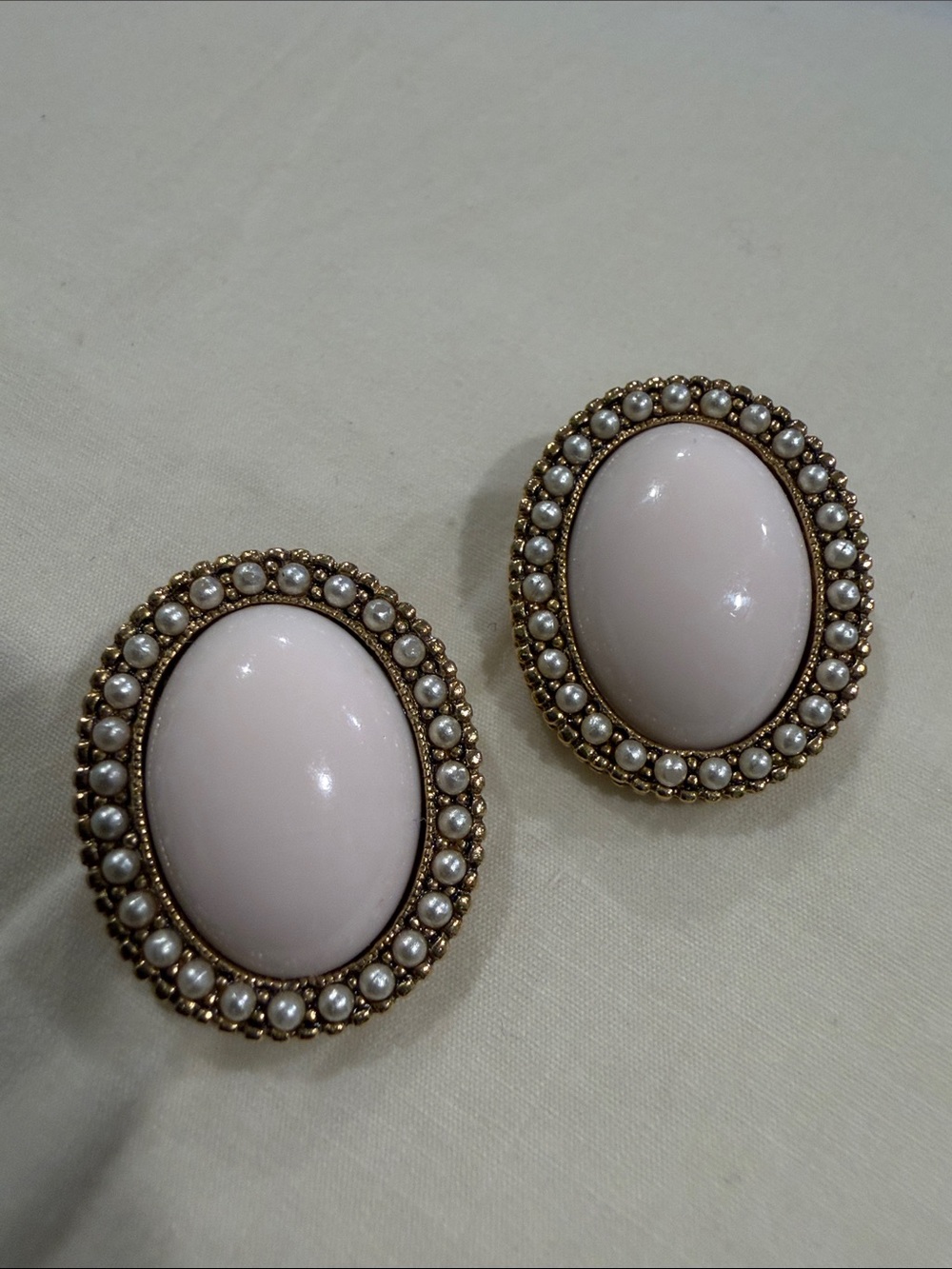 Gold-Trim Pink Oval Pearl Halo Earrings
